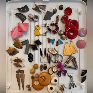 Over 32 pairs of vintage costume earrings jewelry. Hoop hanging post